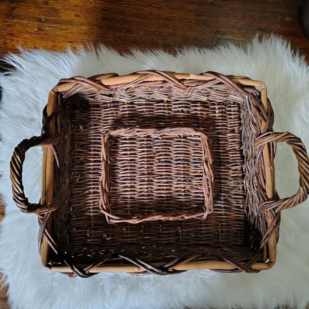 Rustic Two Tone VTG Woven Wicker Tray/Basket Twisted Loop Handles &...